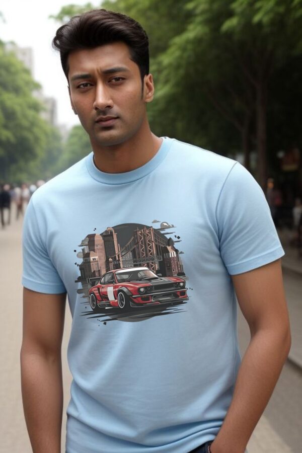 Sky blue t-shirt for men | Racing car - Image 2