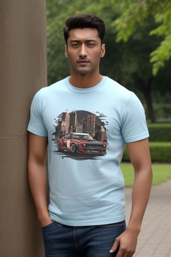 Sky blue t-shirt for men | Racing car - Image 3