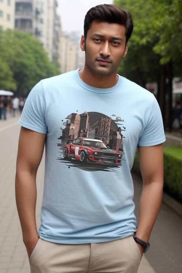 Sky blue t-shirt for men | Racing car - Image 4